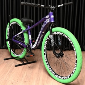 Bicicleta Aro 26 KAPA Insano Single Freeride Roxo e Branco Pneus Verde