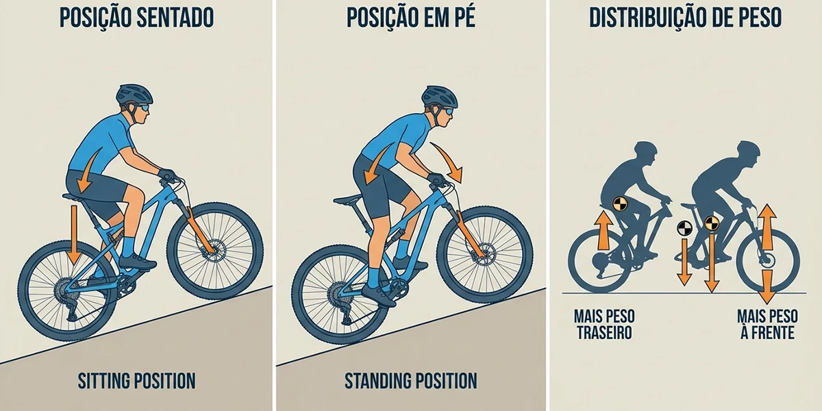 Técnica de subida: sentado vs em pé, distribuição de peso