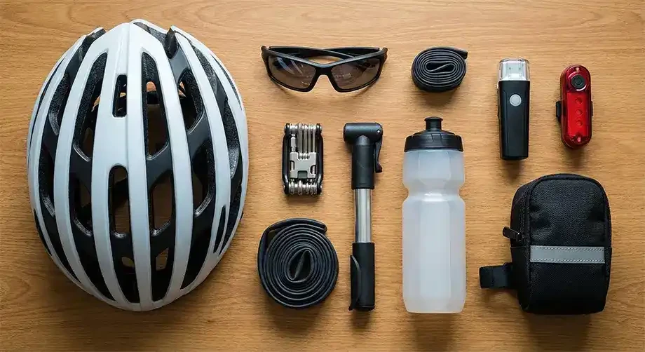Acessórios essenciais para ciclismo organizados para um pedal mais seguro e confortável