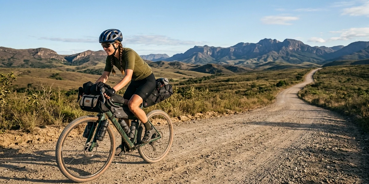 Ciclista com bicicleta gravel carregada para bikepacking em estrada de terra