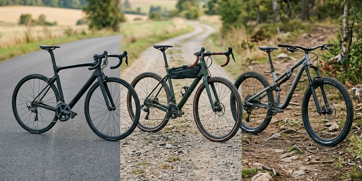 Comparação visual entre bicicleta gravel, speed e MTB
