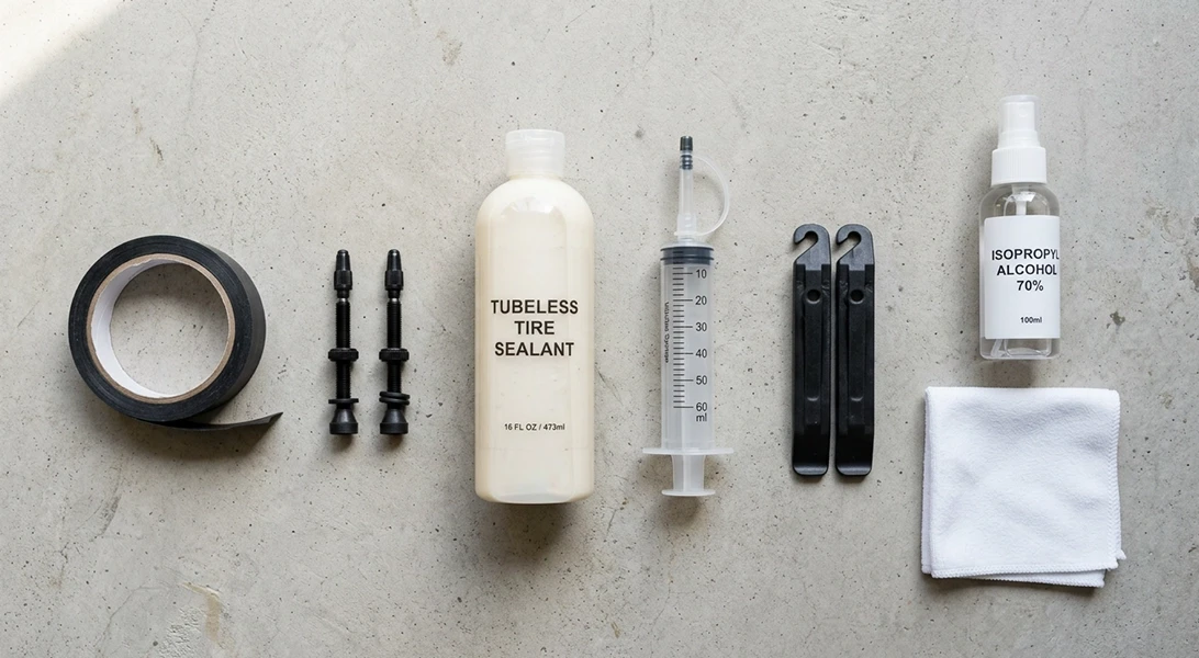 Kit para conversão tubeless: fita de aro, válvulas Presta, líquido selante, seringa, espátulas, álcool isopropílico e pano para limpeza do aro