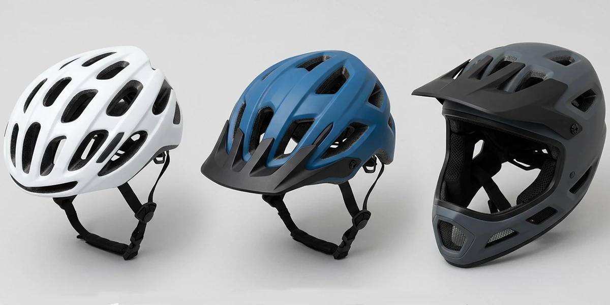 Comparativo de capacetes de ciclismo: speed (estrada), MTB com viseira e full face, lado a lado