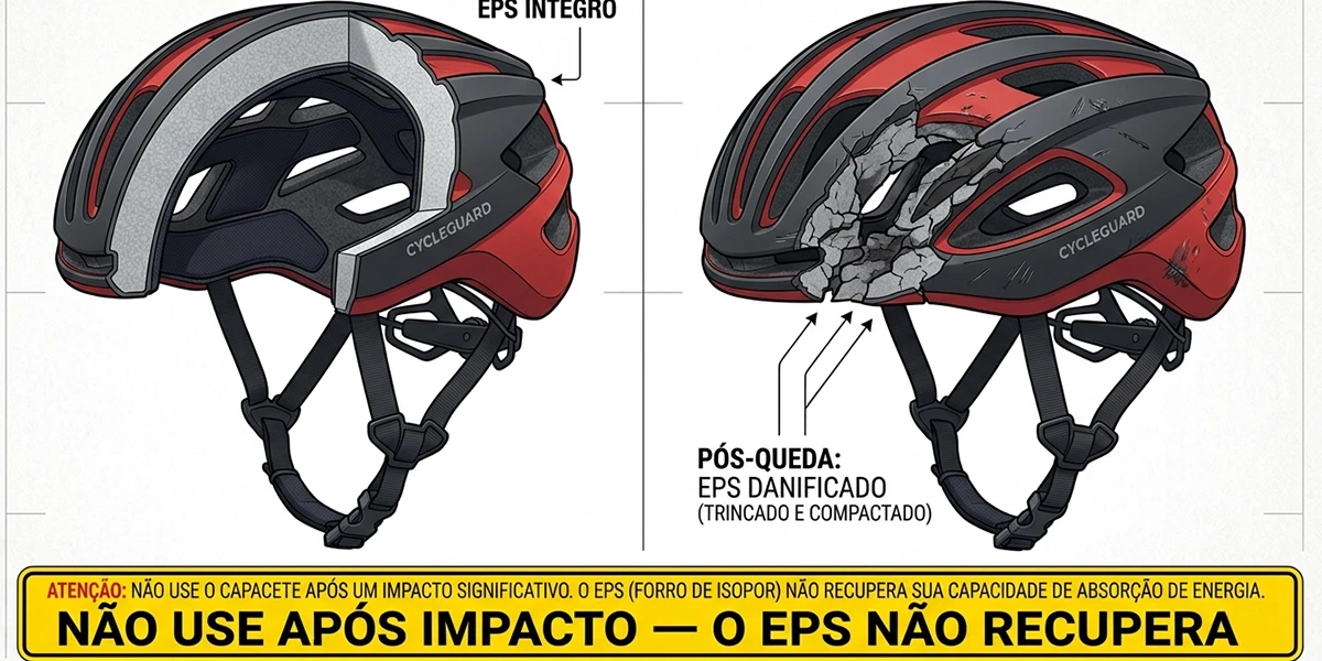 Comparativo: capacete com EPS íntegro versus após queda com EPS trincado e compactado; aviso de não reutilizar após impacto significativo