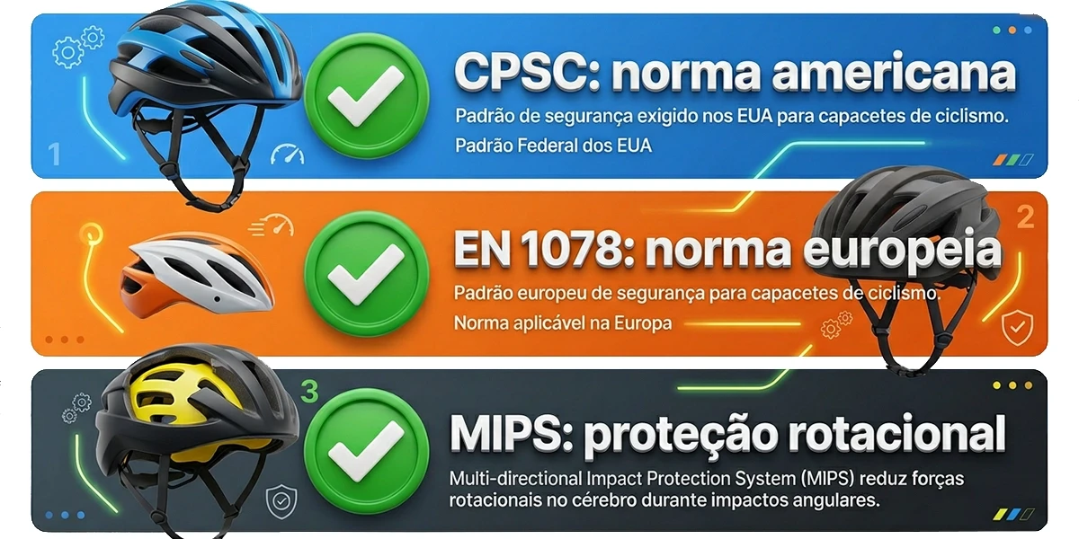 Infográfico: normas CPSC (americana), EN 1078 (europeia) e tecnologia MIPS para proteção rotacional em capacetes
