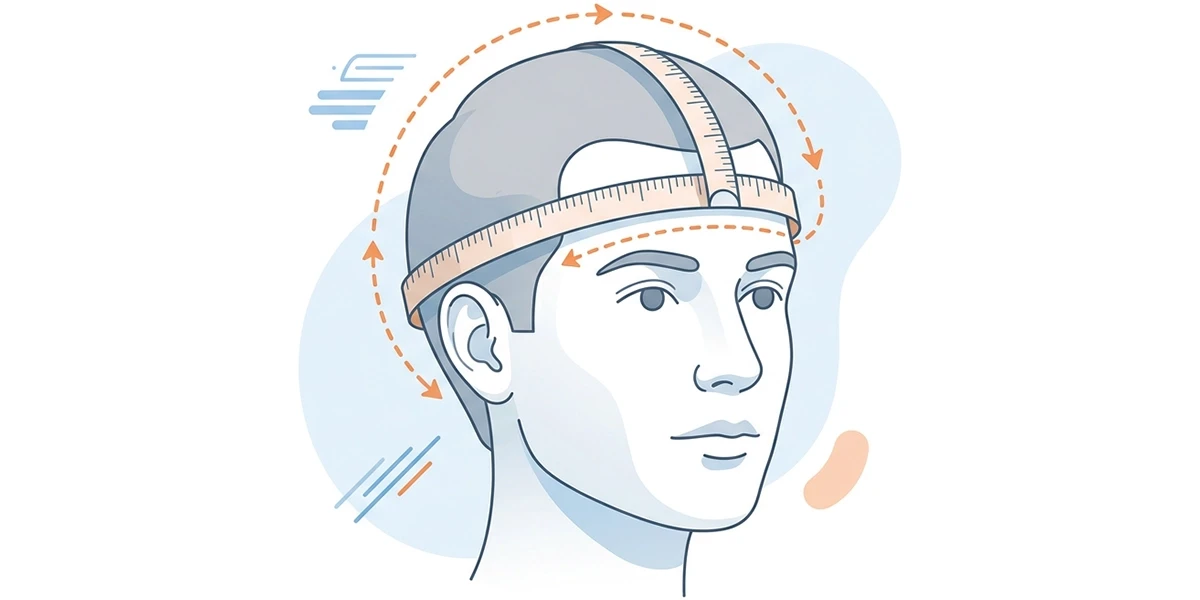 Ilustração mostrando como medir a circunferência da cabeça com fita métrica para escolher o tamanho do capacete