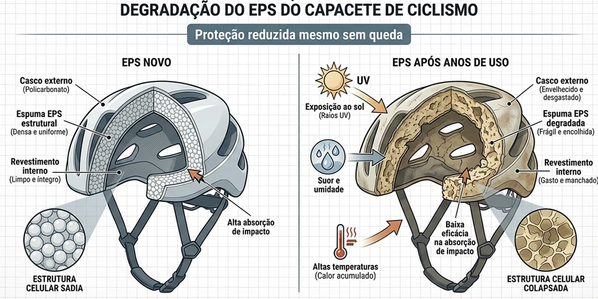 Infográfico: capacete novo com EPS denso versus capacete envelhecido com EPS degradado por UV, suor e calor — proteção reduzida mesmo sem queda