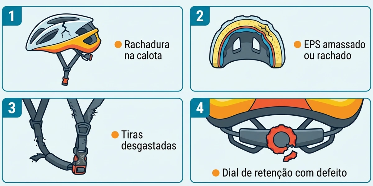 Infográfico em quatro painéis: rachadura na calota, EPS amassado ou rachado, tiras desgastadas e dial de retenção com defeito