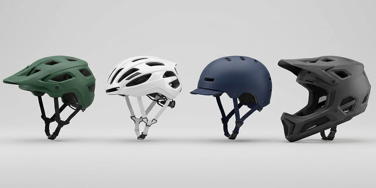 Quatro tipos de capacete de ciclismo: MTB com viseira, speed aerodinâmico, urbano e full face para downhill