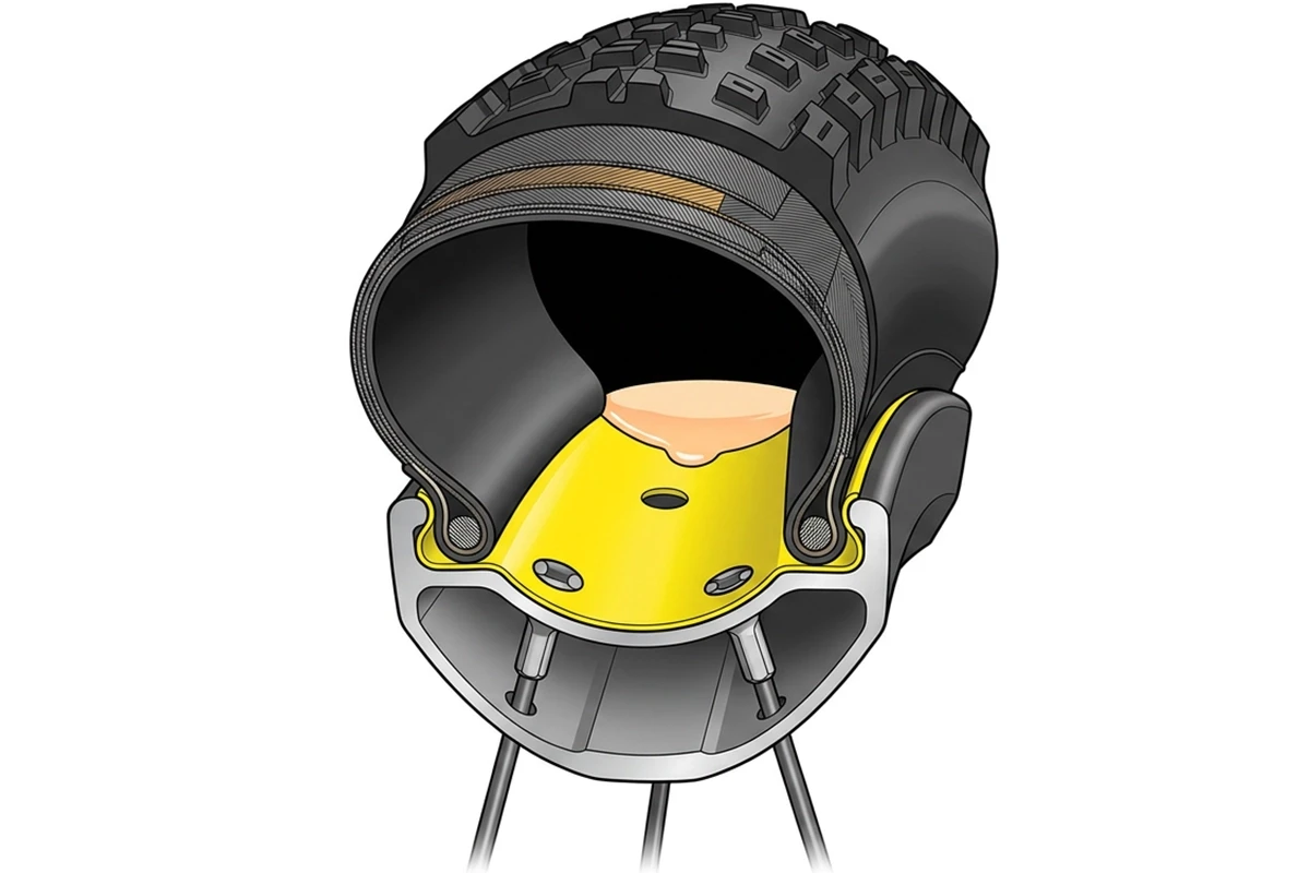 Pneu tubeless montado em aro tubeless-ready com selante