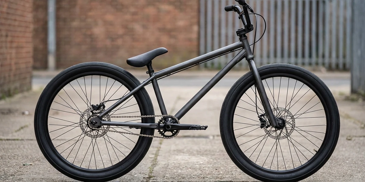 Bicicleta no estilo usado no grau: aro 26, pneu largo de asfalto, selim baixo e freios a disco