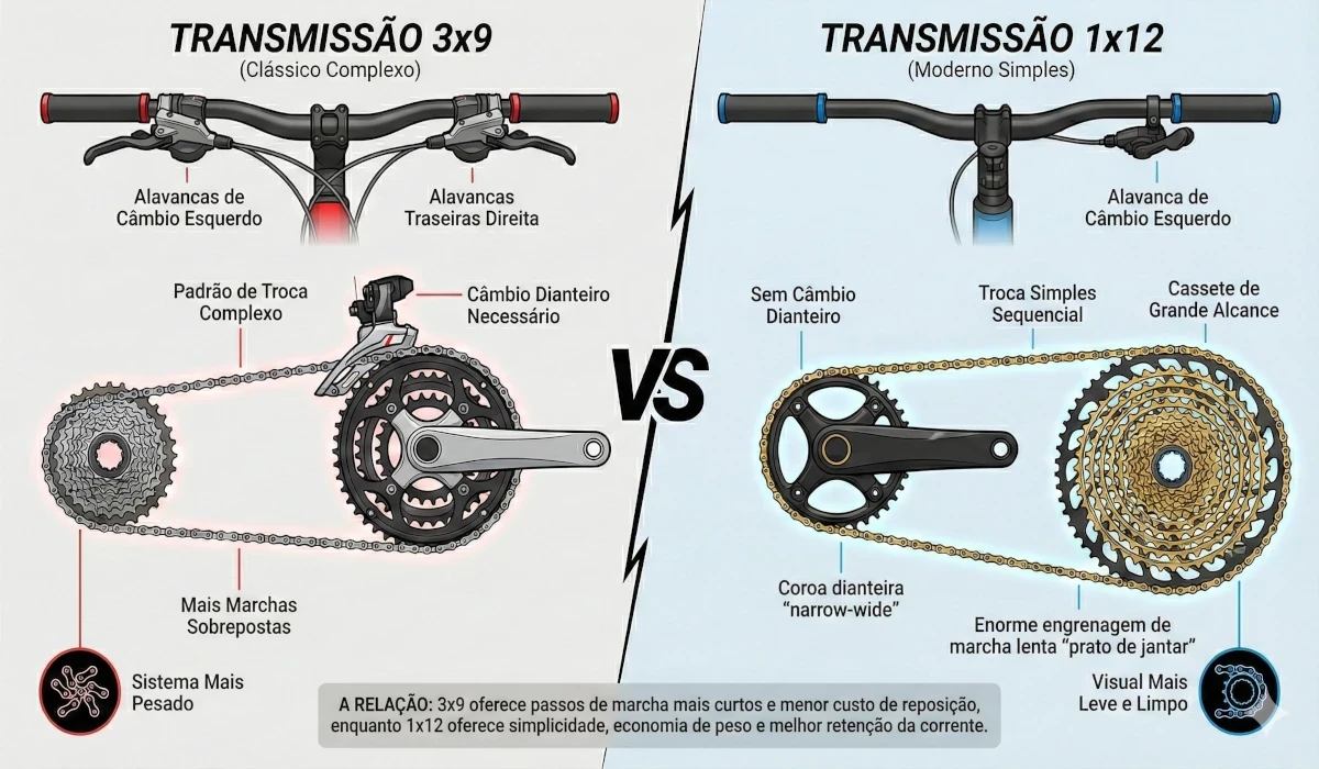 Banner de transmissão 3x9 vs 1x12 para bicicleta