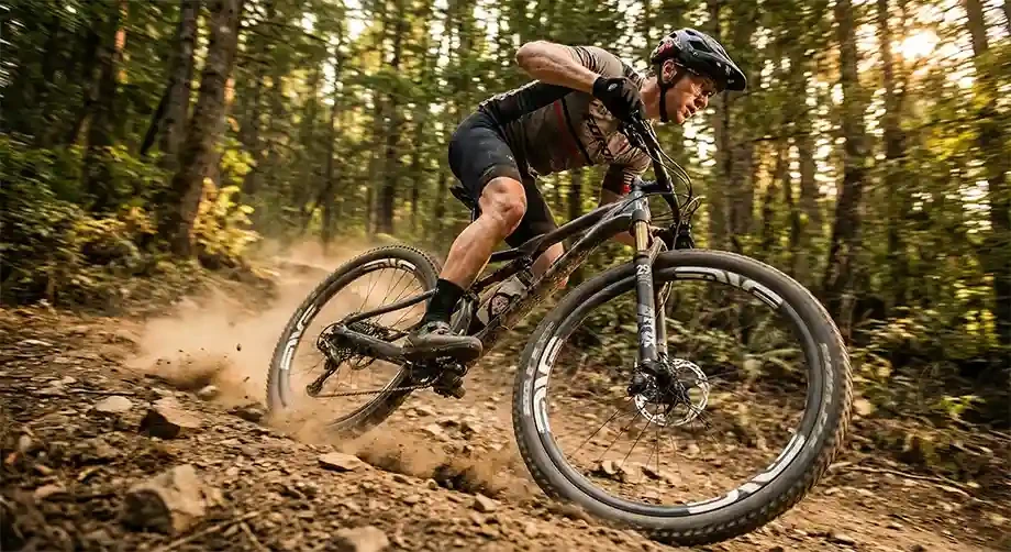 Ciclista acelerando em trilha de terra com bicicleta aro 29