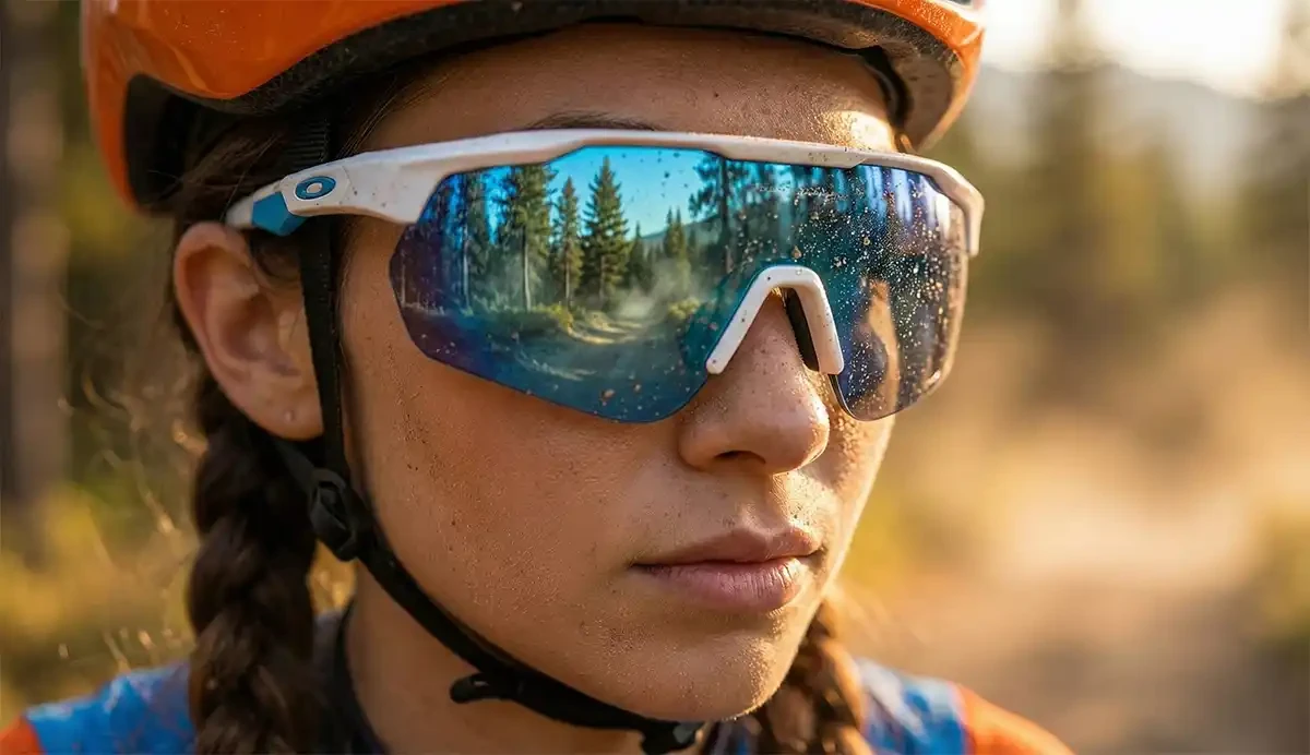 Ciclista usando óculos de ciclismo em trilha, demonstrando proteção e visão confortável