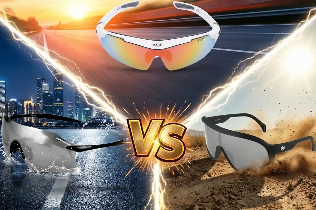 Teste de encaixe entre óculos de ciclismo e capacete, mostrando haste fina e ajuste confortável