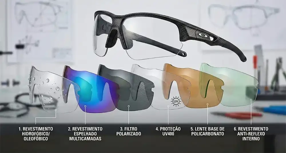 Ilustração técnica mostrando as partes de um óculos de ciclismo separado por lentes