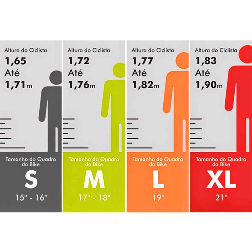 Tabela visual de tamanho do quadro MTB por altura do ciclista (S, M, L e XL)